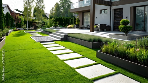 a modern house with garden design with lawn and green grass