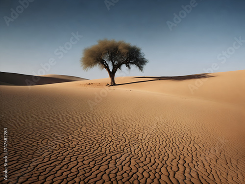 Climate change's desertification impact. Earth day concept. Tree in the desert photo