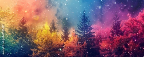a photo of a colorful forest with stars above it Generative AI