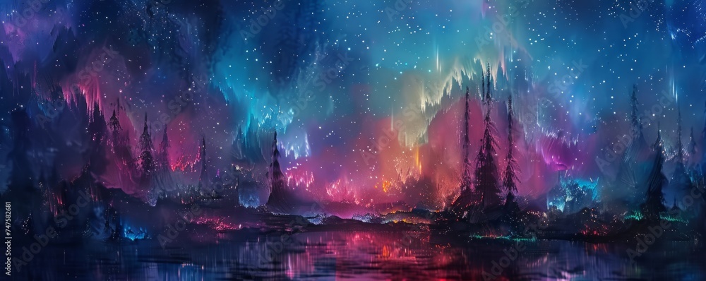 forest in the midnight sky on an abstract painting with stars in the sky Generative AI - obrazy, fototapety, plakaty 