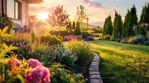 Panoramic view of home garden at sunset, upscale landscaped house backyard in summer. Scenery of lawn, flowers and green plants. Concept of banner, landscaping, nature, luxury design 