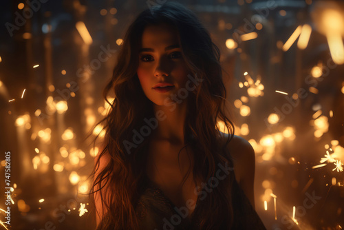 Young woman holding sparklers, illuminating her face with a warm glow in a dark setting.