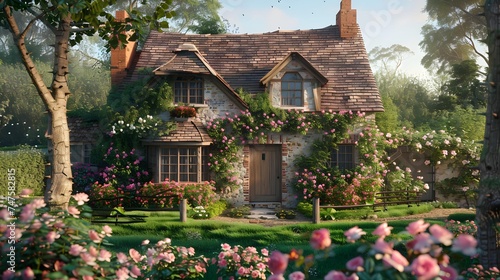 Quaint old English cottage farm house with beautiful pink roses and garden