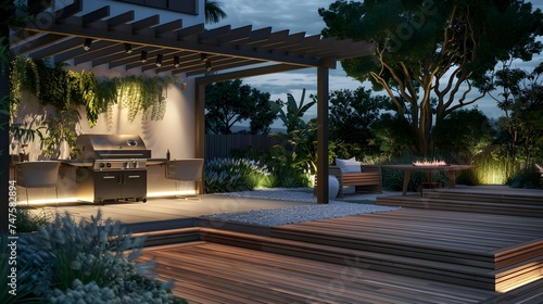 Teak wooden deck with decor furniture and ambient lighting. Side view of garden pergola with gas grill at twilight 