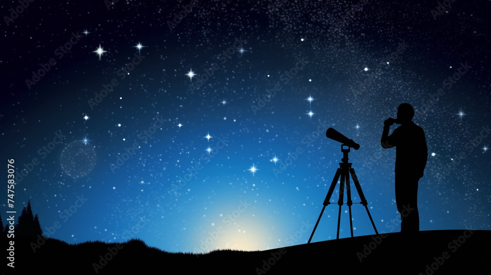 Modern telescope on a tripod directed at stars in the sky for space exploration. Observation of craters on the moon, comet, milky way, stars and far planets. Cartoon style vector illustration. Modern telescope on a tripod directed at stars in the sky for space exploration. Observation of craters on the moon, comet, milky way, stars and far planets. Cartoon style vector illustration.