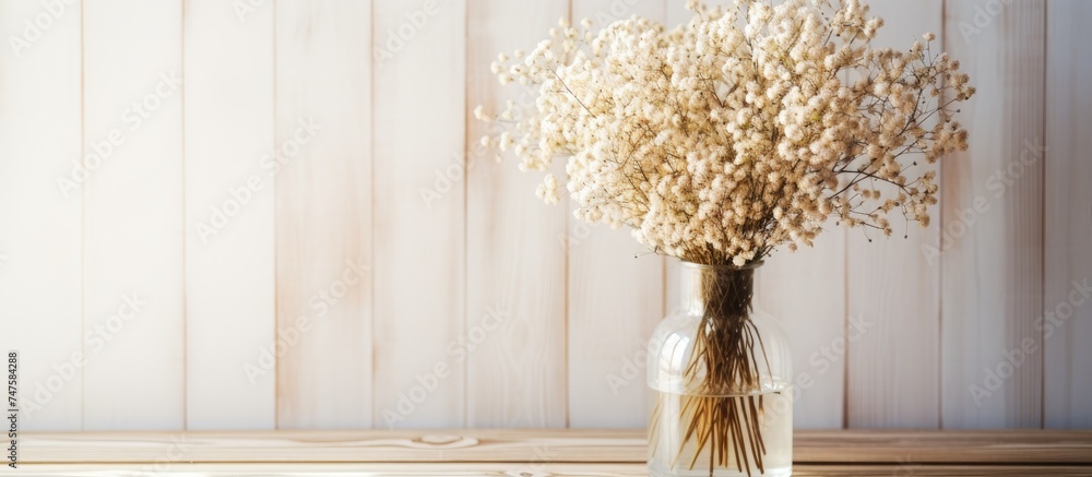 A vase filled with colorful flowers resting on top of a wooden table in a room with three beds and mattresses without sheets. The room has an old and antique style, with a white and dark color scheme.
