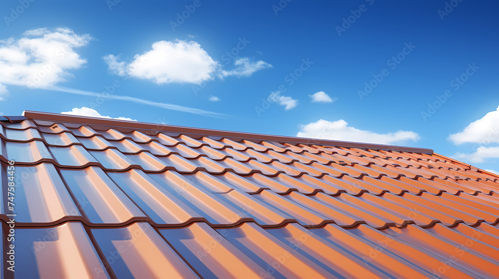 Photo of new roof, close-up of roof tiles against blue sky Photo of new roof, close-up of roof tiles against blue sky