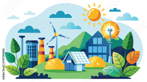 Sustainable Energy Landscape With Solar Panels and Wind Turbines