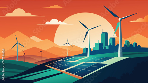 Renewable Energy Landscape at Sunset With Wind Turbines and Solar Panels
