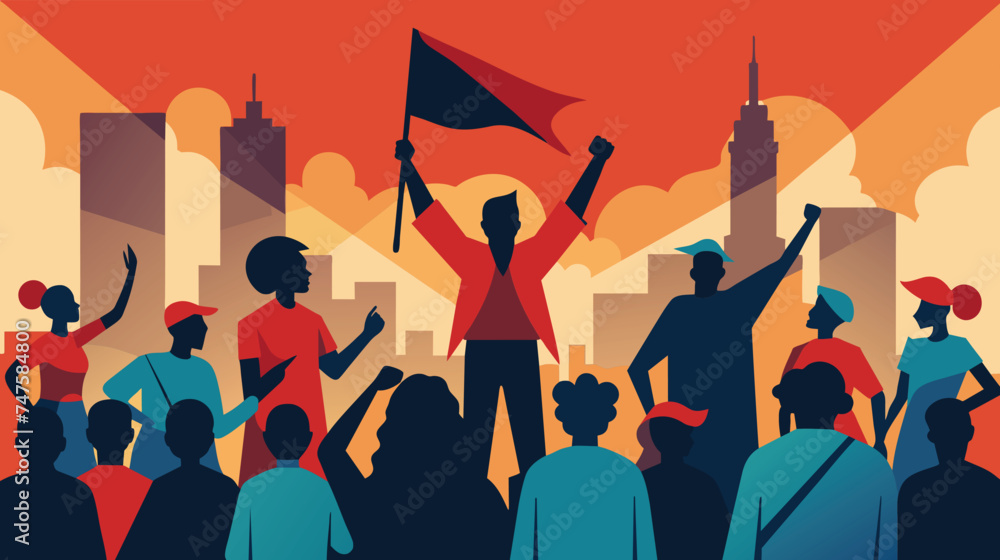 Leader Rallying Crowd at Urban Protest at Sunset Leader Rallying Crowd at Urban Protest at Sunset