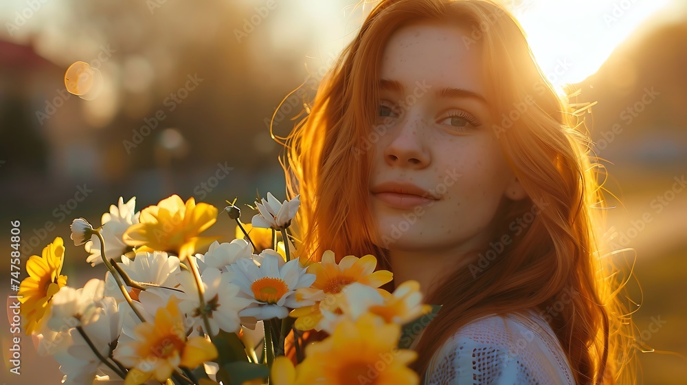  portrait of a woman in a field of flowers. A beautiful red-haired girl with a large spring bouquet of flowers is standing on the street, spring, sun, evening, women's day