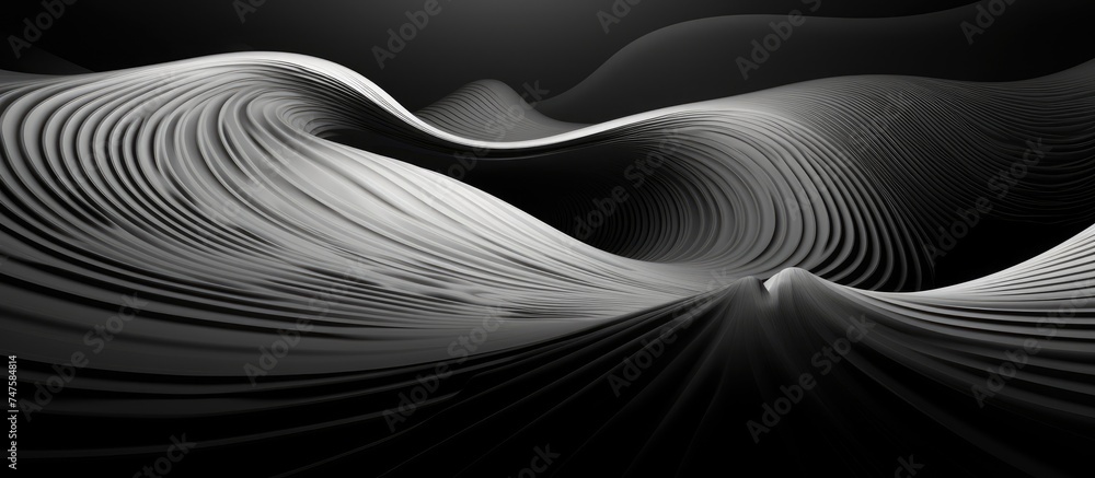 This black and white abstract artwork features a series of wavy lines moving gracefully across the image. The contrast between the dark and light hues creates a striking visual effect, This black and white abstract artwork features a series of wavy lines moving gracefully across the image. The contrast between the dark and light hues creates a striking visual effect,