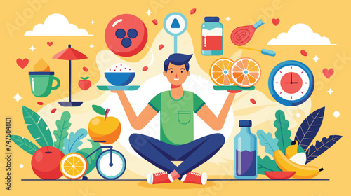 Man Balancing Healthy Lifestyle Elements in Vibrant Illustration