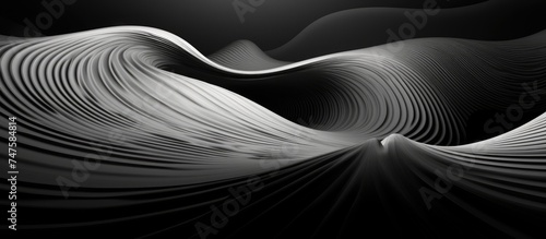 This black and white abstract artwork features a series of wavy lines moving gracefully across the image. The contrast between the dark and light hues creates a striking visual effect,