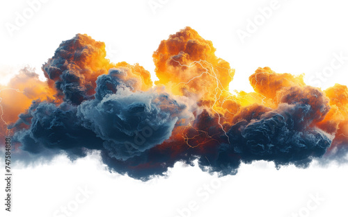 Blue and orange storm clouds with lightnings isolated on transparent background.