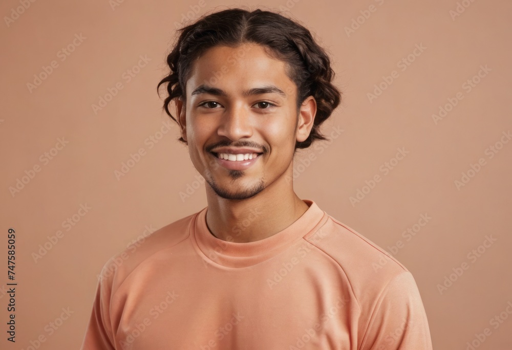 Obraz premium A friendly looking young man with curly hair smiles warmly. Soft peach background enhances the pleasant feel.