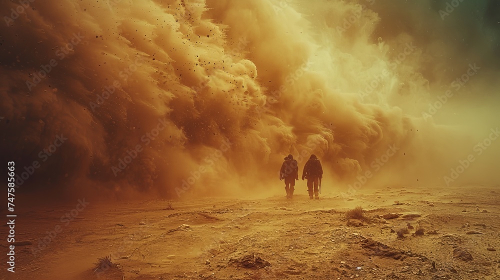 Final standoff in a post-apocalyptic wasteland, dust swirling, adversaries face off. - obrazy, fototapety, plakaty 