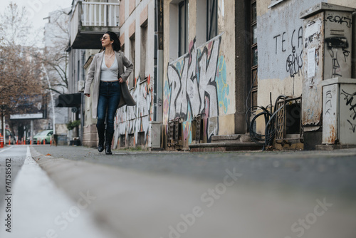 A stylish young woman confidently strolls down a city street lined with graffiti. She embodies urban chic against an edgy backdrop.