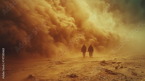 Final standoff in a post-apocalyptic wasteland, dust swirling, adversaries face off. photo