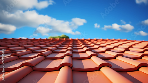 Photo of new roof, close-up of roof tiles against blue sky photo