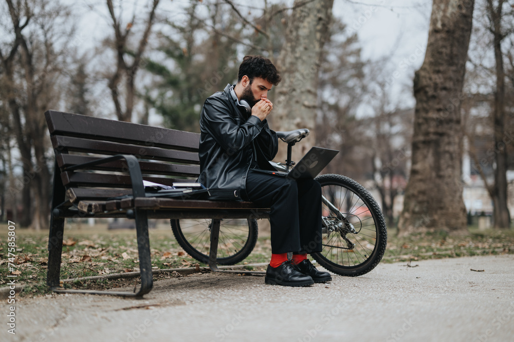 A focused businessman in stylish attire works remotely on his laptop while sitting on a park bench, with his bicycle nearby.