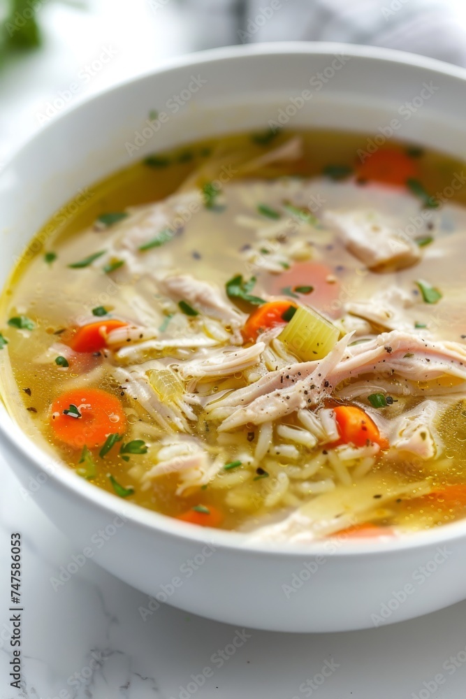Nutritious turkey rice soup in a bowl with rich chicken broth, shredded turkey, onions, carrots, celery and parsley, creating a flavorful meal. Nutritious turkey rice soup in a bowl with rich chicken broth, shredded turkey, onions, carrots, celery and parsley, creating a flavorful meal.