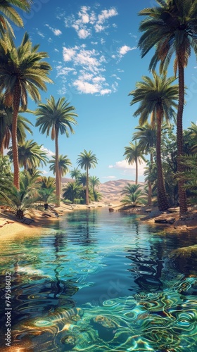 A hidden desert oasis, a paradise for travelers with palm trees and clear water. © Fokasu Art