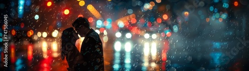 Intimate moment, couple dancing in the rain, city lights blur around them. © Fokasu Art
