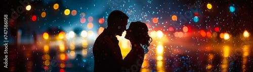 Amidst city lights blurring, a couple shares an intimate rain dance moment.