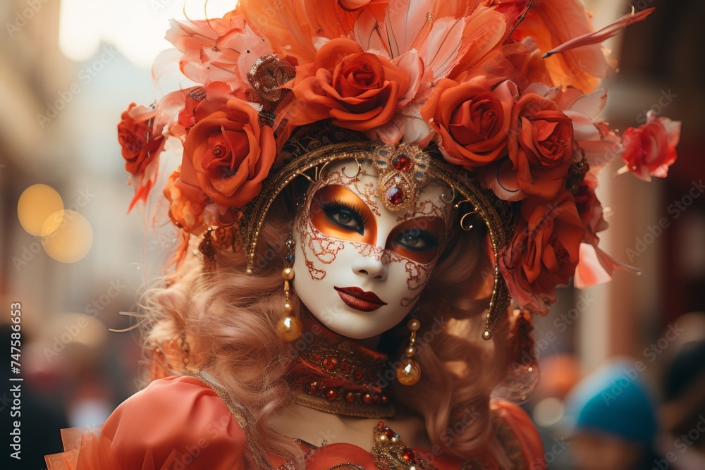 Close-up of a girl's face in a bright colored venetian mask