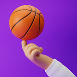 Cartoon hand holding basketball with one finger isolated over purple background. 3D rendering.