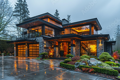 Large modern house with three garage spaces and concrete driveway.
