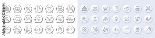 Download, New mail and Ship line icons. White pin 3d buttons, chat bubbles icons. Pack of Hammer tool, Swipe up, Attention bell icon. Vector