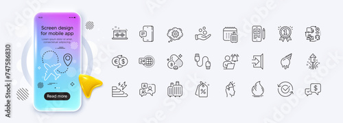 Phone message, Discount tags and Baggage calendar line icons for web app. Phone mockup gradient screen. Pack of Approved, Brand ambassador, Fire energy pictogram icons. Vector