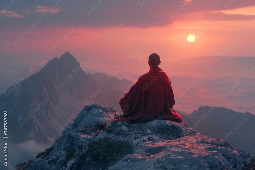 Solitary monk reaches peak, meditates at sunrise for spiritual awakening.