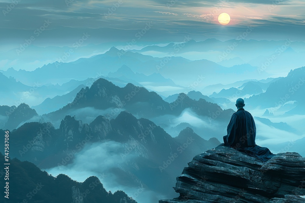 Solitary monk atop mountain meditates at sunrise, experiencing spiritual enlightenment.