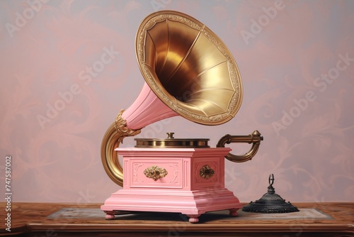 a pink and gold gramophone
