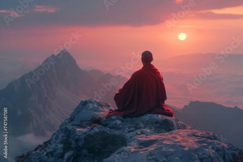 Solitary monk reaches peak, meditates at sunrise for spiritual awakening. © Fokasu Art