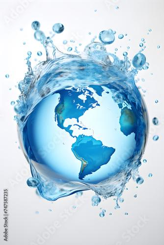 Earth globe with water splash on white background. World Water Day  Mother Earth day. Save water and conservation concept. Environmental problems and protection. Caring for nature and ecology