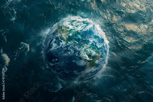 Earth globe with water splash in blue wavy sea. World Water Day, Mother Earth day. Save water and conservation concept. Environmental problems and protection. Caring for nature and ecology