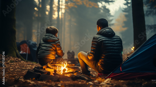 Father with son warm near campfire, drink tea and have conversation