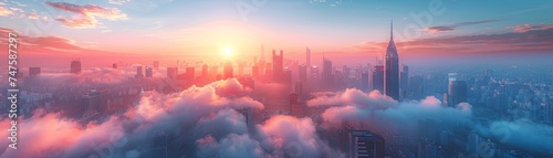Surreal scene  city floating in the clouds  peaceful yet bustling