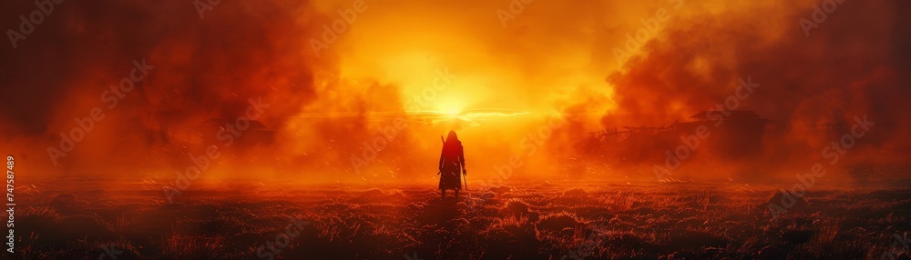 A victorious warrior stands on the battlefield, feeling exhaustion as the sunrise heralds a new day.