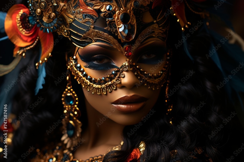 Close-up of a girl's face in a venetian mask