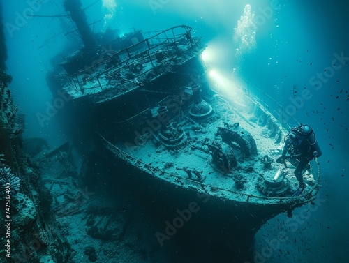 Diver explores ancient sunken ship in eerie underwater scene with a mysterious aura.