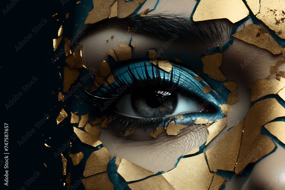 Enigmatic Eye Adorned in Gold and Teal