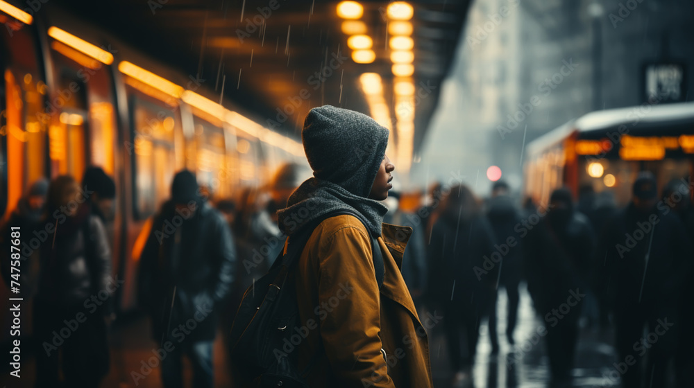 people walking in the city street crowd at winter time - obrazy, fototapety, plakaty 