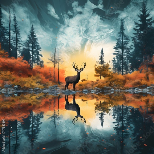 Colorful scenery of nature. Deer illustration. Wall art. Home decor  ai generated  © Hamza