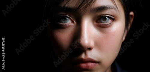 A young woman s face fills the frame  her gaze intense and introspective. The play of light and shadow across her features emphasizes the depth of her inner thoughts.