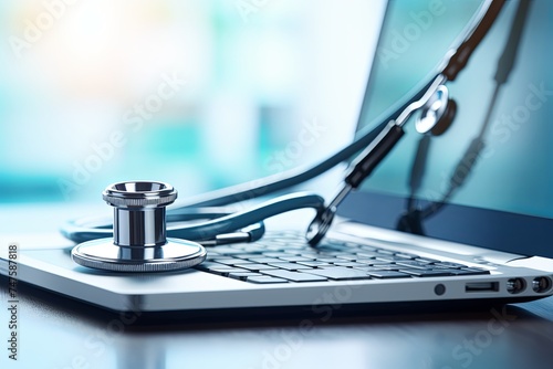 Medical concept with medical stethoscope on laptop keyboard on the desk background with digital technology concept